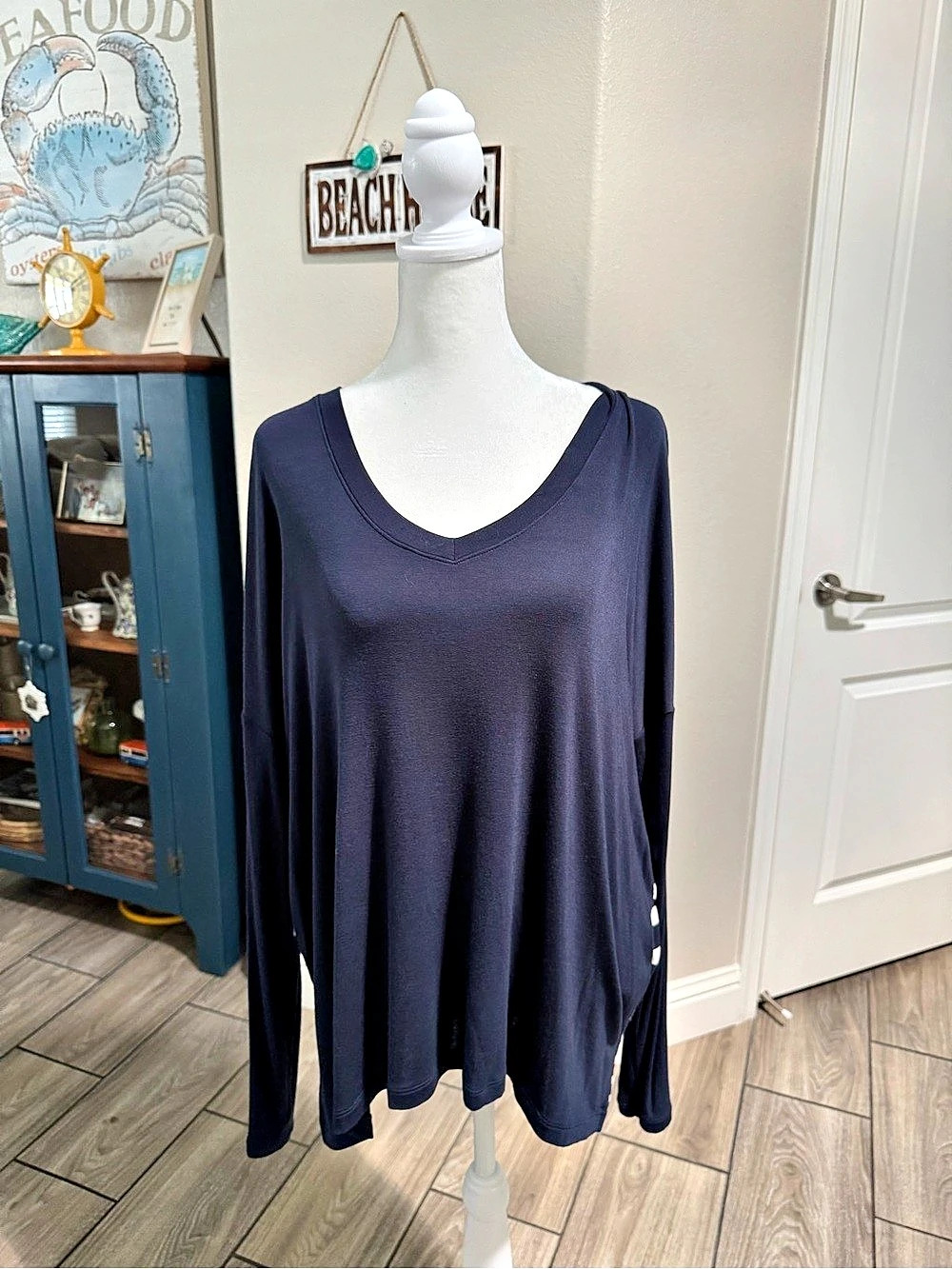 CAbi Striped V-Neck Lighthouse Tee Tunic in Blue & White Size Medium